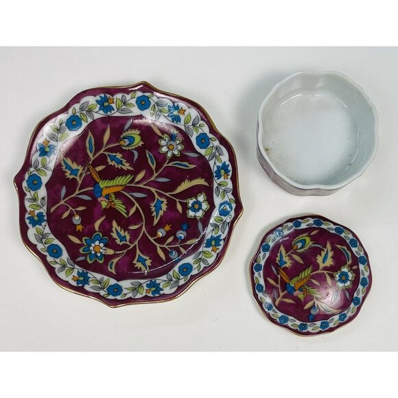 VTG SILK ROAD by Takahashi Plum Handpainted Ceramic TRINKET BOX & TRAY Bird EUC - Picture 4 of 5
